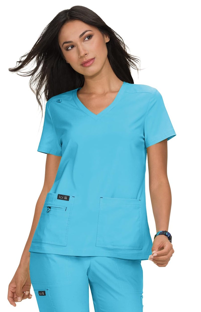 KOI Basics Becca Women's 4-Pocket Stretch Scrub Top Electric Blue Small - Image 1